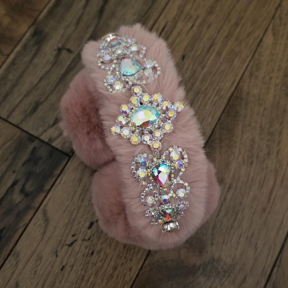 Blush Pink Faux Fur Crystal Embellished Earmuffs Earwarmers Rhinestone Headband - Picture 11 of 16